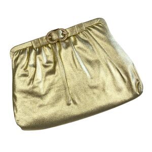 Vintage 1950s Shimmering Gold Lame Clutch Evening Purse with Buckle Bow Clasp
